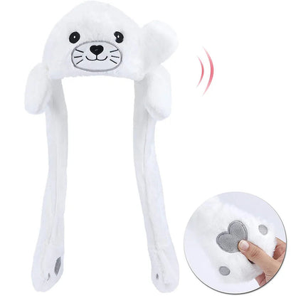 Seal Animal Ear Move Hat White Plush Bunny Ears Moving Jumping Up Toys Dress Up Funny Cosplay Party for Kids Christmas Gift ALPENZO