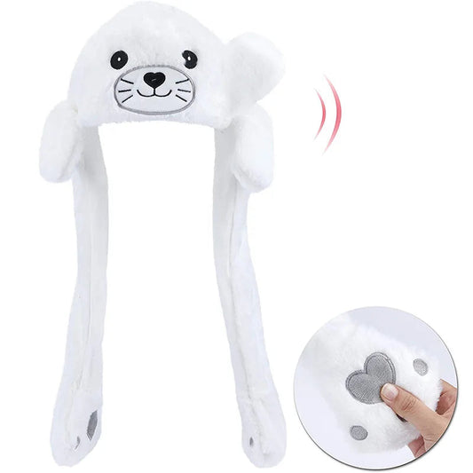 Seal Animal Ear Move Hat White Plush Bunny Ears Moving Jumping Up Toys Dress Up Funny Cosplay Party for Kids Christmas Gift ALPENZO