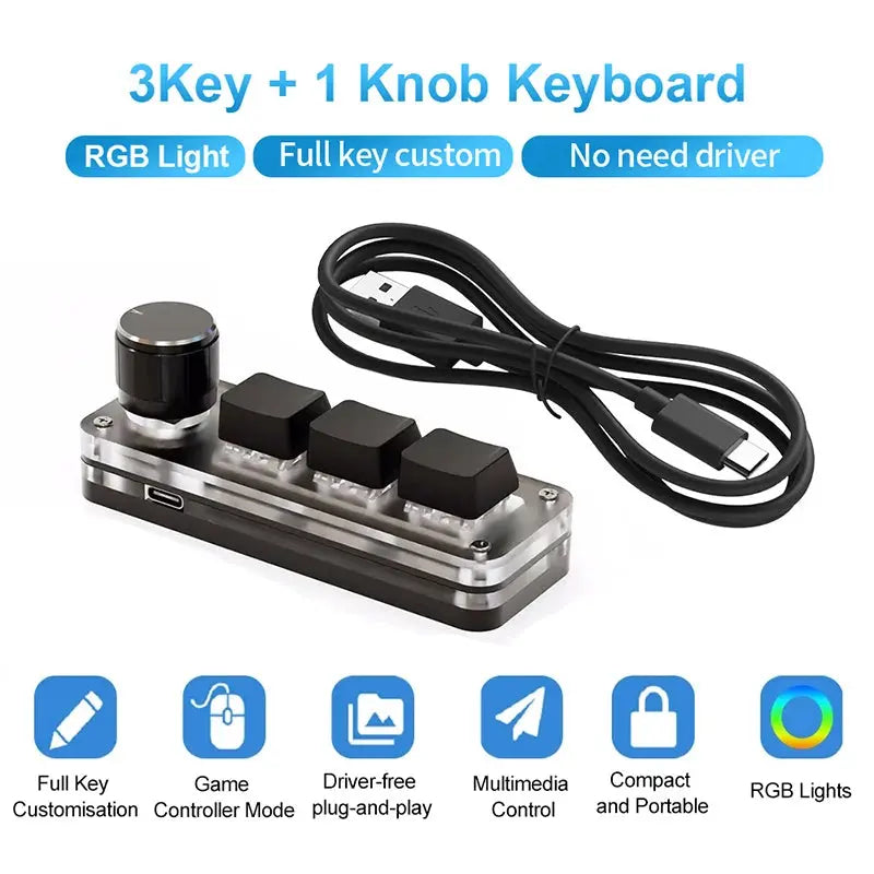 Macropad Macro Mechanical Keyboard RGB Mini Gaming Custom Programming Knob Keypads Red Switch 3 Keys For Photoshop - ALPENZO