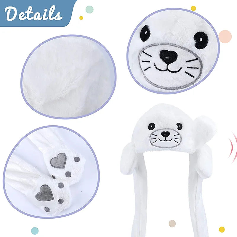 Seal Animal Ear Move Hat White Plush Bunny Ears Moving Jumping Up Toys Dress Up Funny Cosplay Party for Kids Christmas Gift ALPENZO