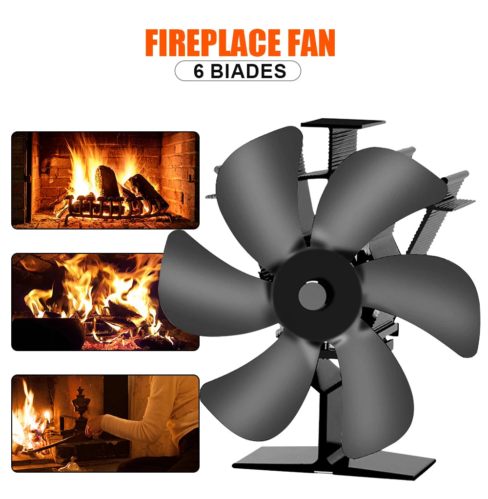 Heat Powered Stove Fan Eco Quiet Black 6 Blades Log Wood Burner Fireplace Fan Winter Warmer Home Efficient Heat Distribution - ALPENZO