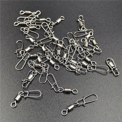 50pcs/lot Fishing Connector  2# 4# 6# 8# 10# Pin Bearing Rolling Swivel Stainless Steel With Snap Fishhook Lure Tackle