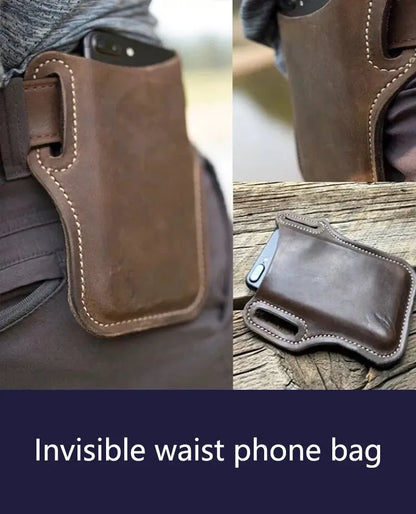 Outdoor storage Retro Horse Leather Phone Waist Bag Wearing Belt Men's Hanging Waist Bag Camping Sports Work Phone Bag