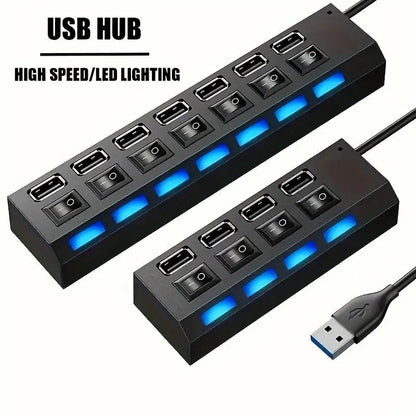 USB 2.0 Hub Multi Port USB Splitter High Speed Hub Use Power Adapter 4/7 Ports Multiple Expander Led Switch Lamp Hub For Laptop - ALPENZO
