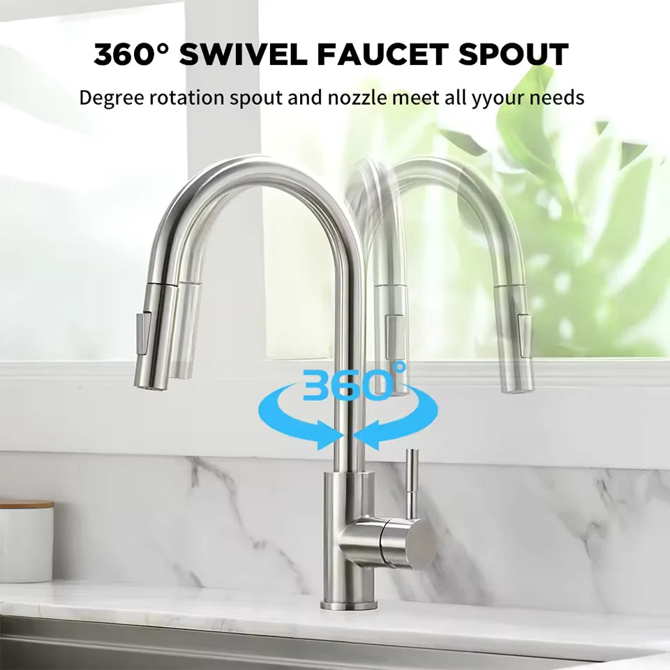 Hot and Cold Mixed Kitchen Faucet, Stainless Steel Faucet, Kitchen Sink Faucet, Pull-out Kitchen Faucet, Single Hole Faucet - ALPENZO