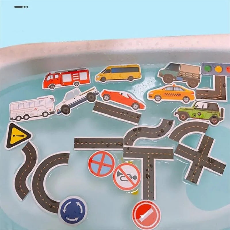 23 Pieces Bath Water Toy Sticky Wall City Traffic Car Road Rail Puzzle Vinyl 0-3Y 3-6Y 6-12Y 12+y 14+Y Bath Features ALPENZO