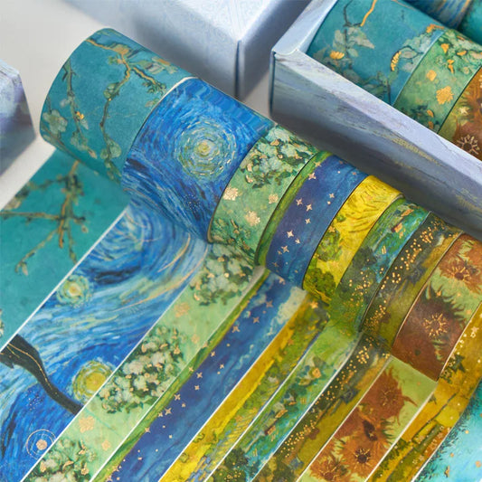 10pcs, Washi Tape - Vintage Watercolor Washi Tape Set with Gold Color Foil - Aesthetic Decorative Tape, Scrapbook, DIY Crafts ALPENZO