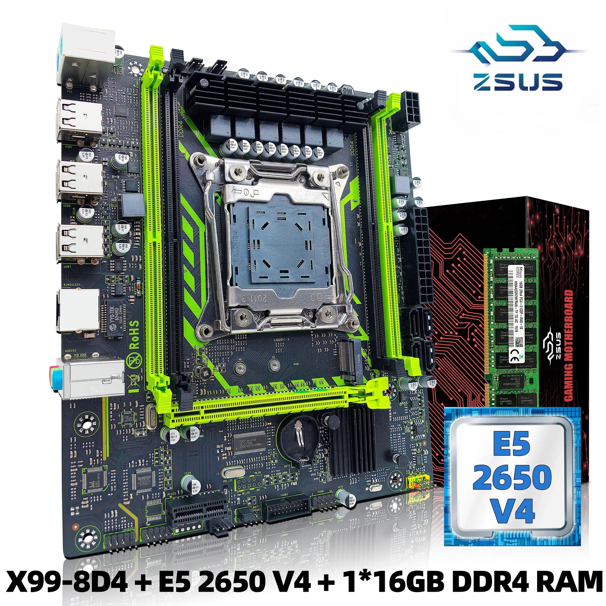 ZSUS X99-8D4 Motherboard Set Kit With LGA2011-3 Xeon E5 2650 V4 CPU DDR4 16GB (1*16GB) 2133MHZ RAM Memory NVME M.2 SATA - ALPENZO