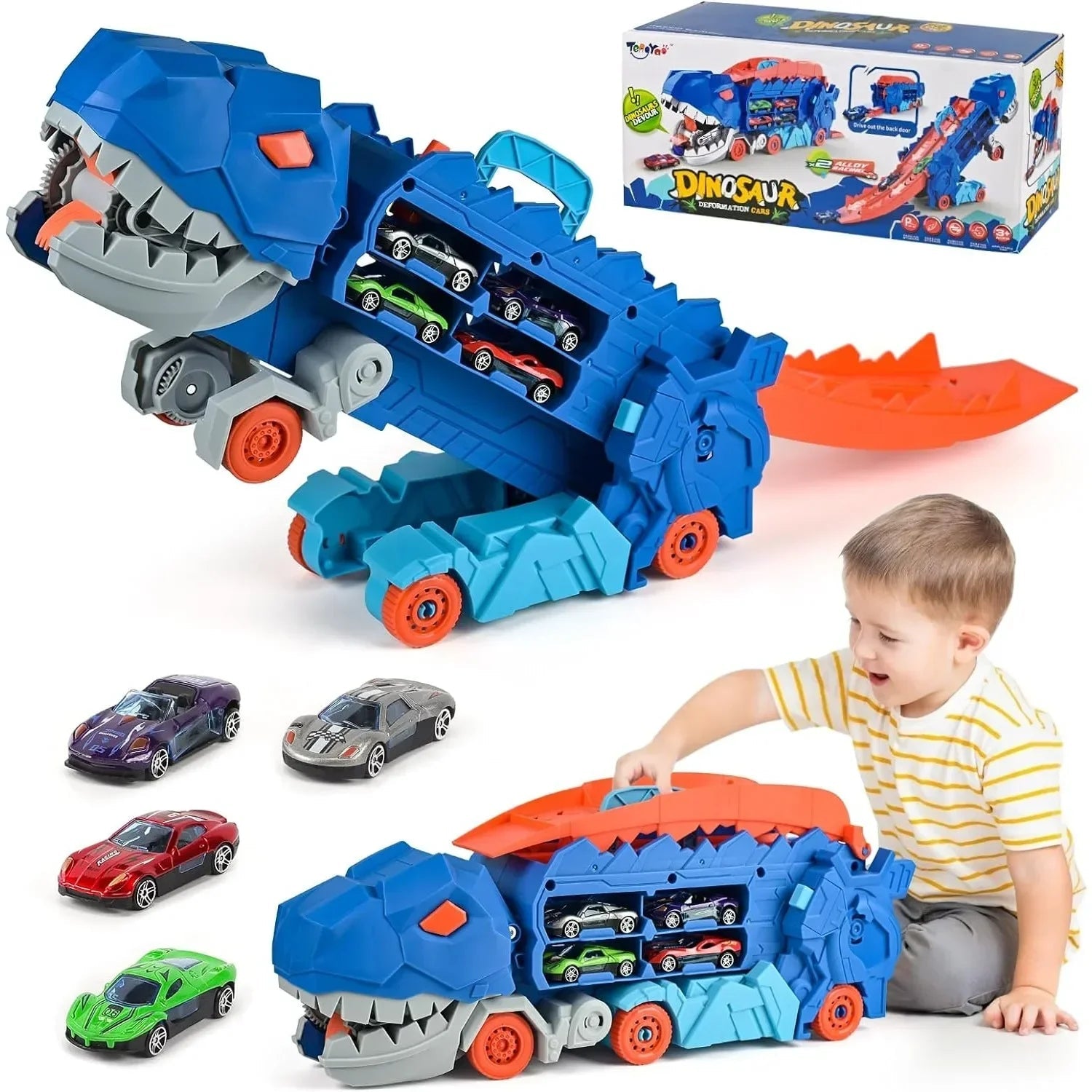Transport Dinosaur Truck with Foldable Sliding Race Track Transforms into Standing T-rex Best Birthday Gifts Toys Boys Girls ALPENZO
