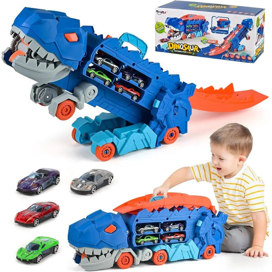 Transport Dinosaur Truck with Foldable Sliding Race Track Transforms into Standing T-rex Best Birthday Gifts Toys Boys Girls ALPENZO