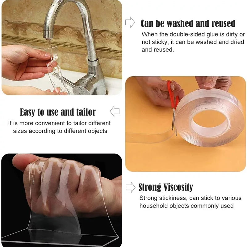 1/3/5M Double Sided Tape Transparent Acrylic Reusable Waterproof Adhesive Tracsless Tape Gadget Cinta Doble Cara Nano Tapes ALPENZO