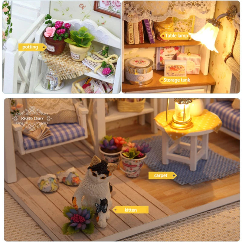 Kitten Mini Wooden Doll House Model Building Kits Toy Home Kit Creative Room Bedroom Decoration with Furniture For Birthday Gift ALPENZO