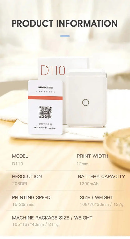 Niimbot D110 Mini Portable Thermal Printer Without Ink Self-Adhesive Label Maker Printer For Stickers Labeller Labeling Machine - ALPENZO