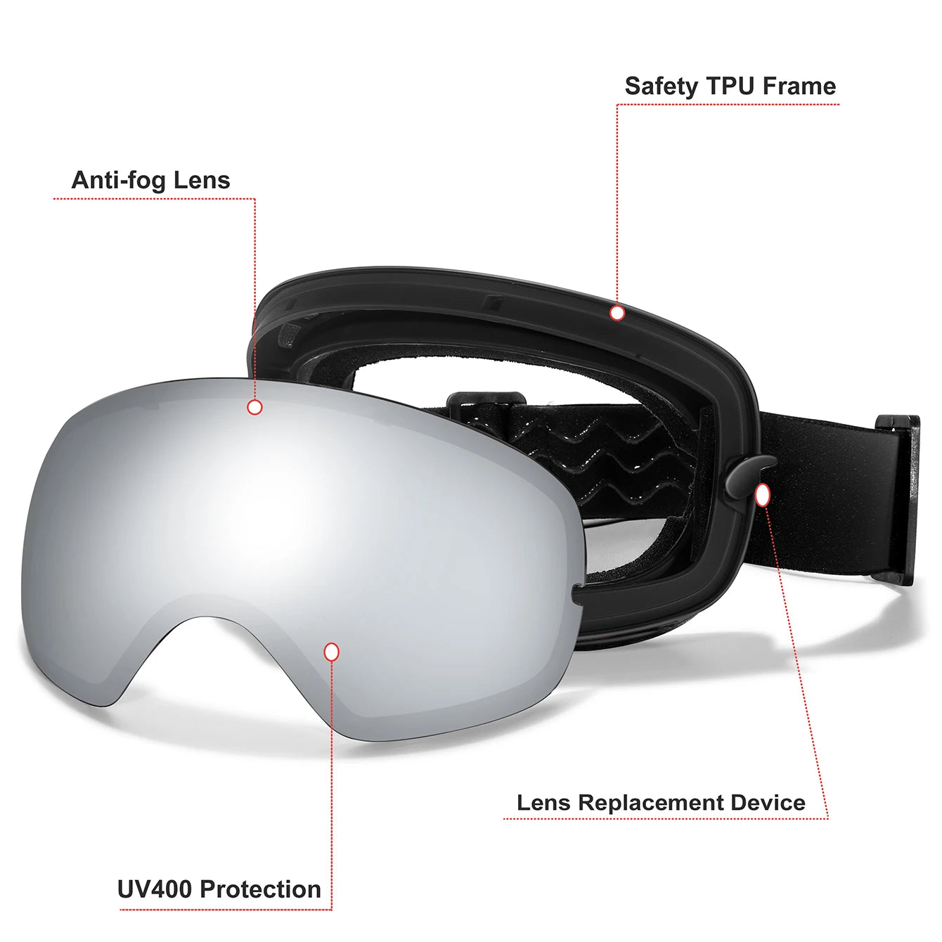 Ourdoor Sports Teen Men Women Ski Goggles-Anti-fog UV400 Eyewear, Christmas and New Year Gift, Free Black Lens and Optical Frame
