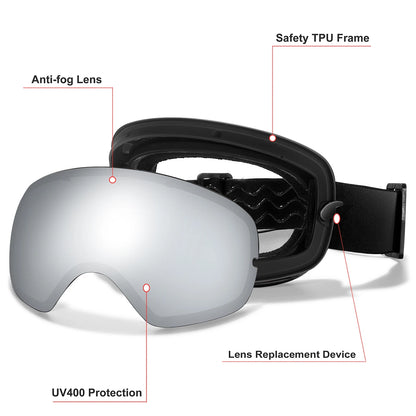 Ourdoor Sports Teen Men Women Ski Goggles-Anti-fog UV400 Eyewear, Christmas and New Year Gift, Free Black Lens and Optical Frame