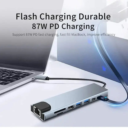 Usb 8 In 1 Type C 3 1 To 4k HdTV Hub Adapter With Sd Tf Rj45 Card Reader Pd Fast Charge For Macbook Notebook Computer - ALPENZO