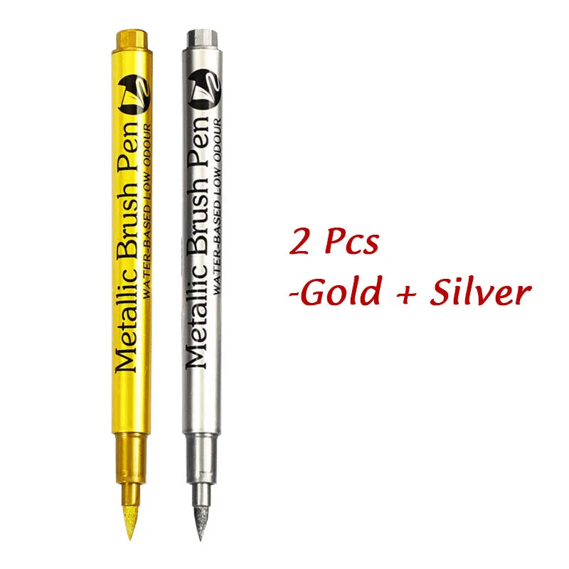 1/2Pcs Brush Metallic Marker Pens Gold Silver Permanent Art Markers Crafts Scrapbooking Painting Stationery School Supplies ALPENZO
