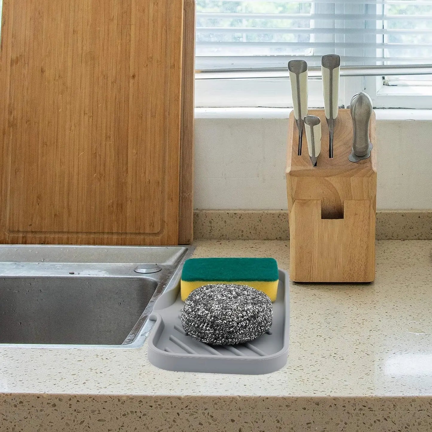 Silicone Kitchen Sink Tray Soap Tray Soap Dish Holder Sponge Holder with Built-in Drain Lip Countertop Sink Kitchen Organizer - ALPENZO