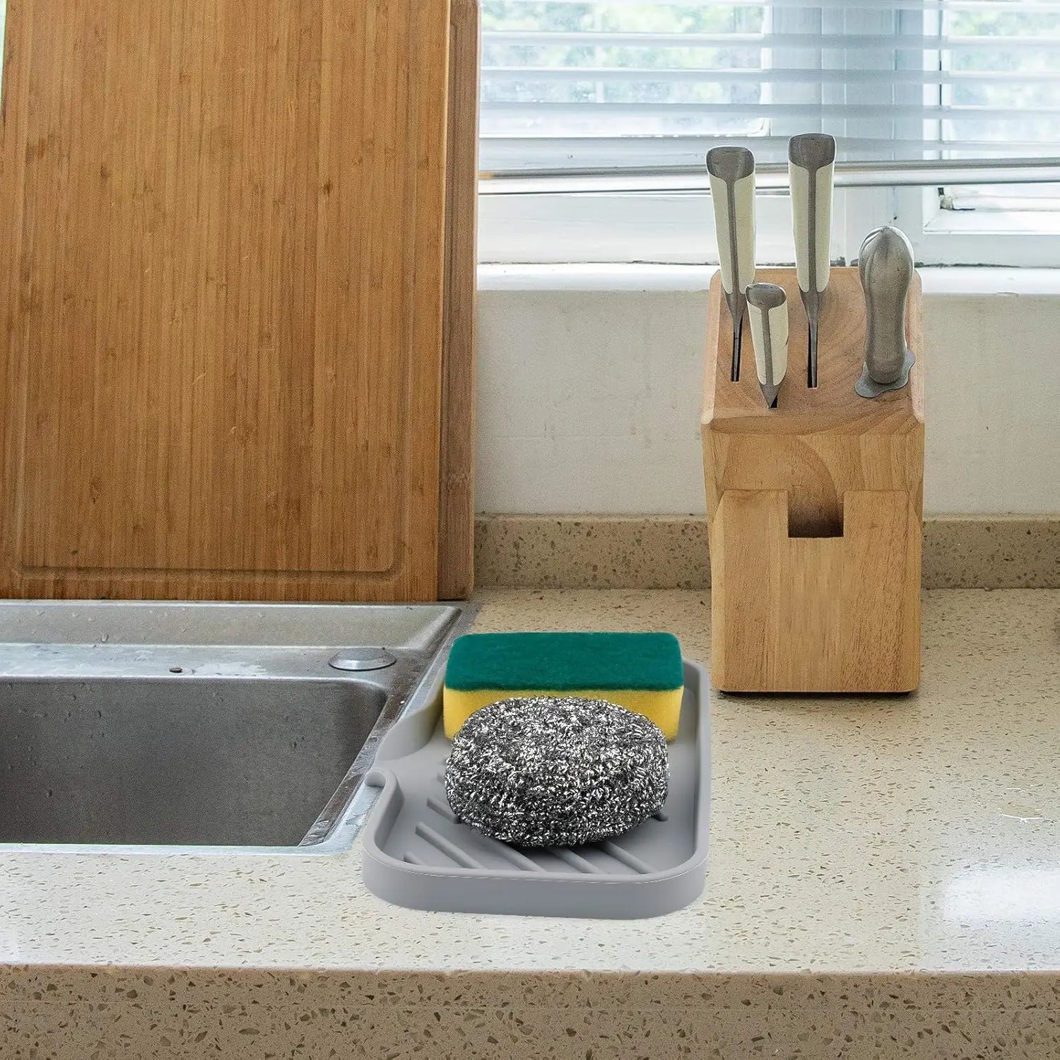 Silicone Kitchen Sink Tray Soap Tray Soap Dish Holder Sponge Holder with Built-in Drain Lip Countertop Sink Kitchen Organizer - ALPENZO
