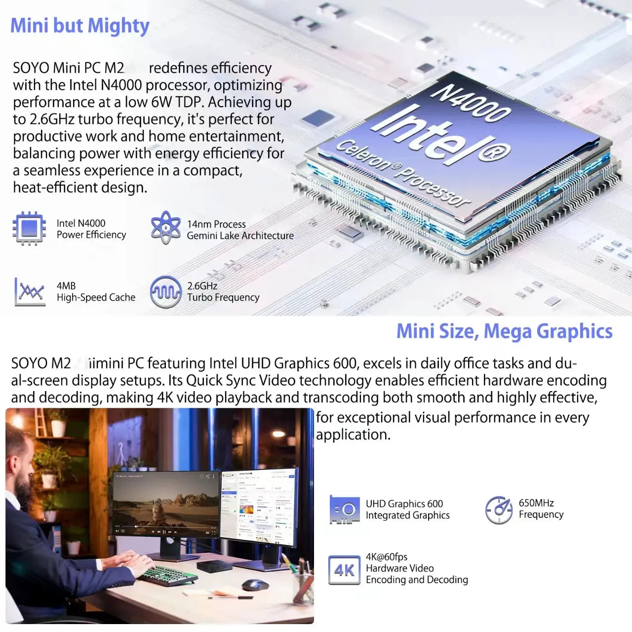 SOYO M2 Mini PC: Powerful 6GB RAM, 64GB EMMC, Intel N4000, Windows 11 - Compact & Ideal for Home, Business & Gaming - ALPENZO