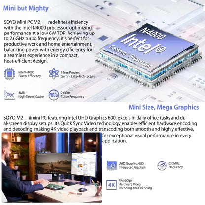 SOYO M2 Mini PC: Powerful 6GB RAM, 64GB EMMC, Intel N4000, Windows 11 - Compact & Ideal for Home, Business & Gaming - ALPENZO