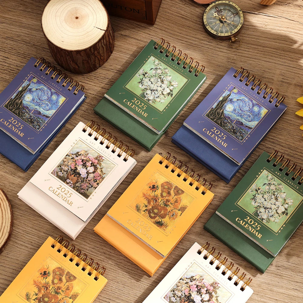 1 pc 2025 Vintage Mini Bronzing Painting Desk Calendar Tabletop Flip Monthly Calendar Student Notepad Schedule Planner Calendar ALPENZO