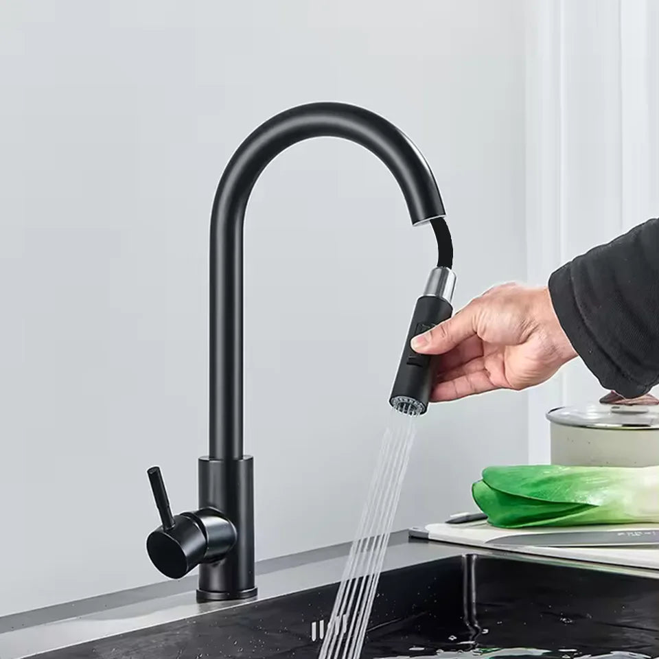 Hot and Cold Mixed Kitchen Faucet, Stainless Steel Faucet, Kitchen Sink Faucet, Pull-out Kitchen Faucet, Single Hole Faucet - ALPENZO