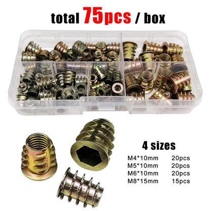 165/75/55pcs Threaded Insert Nut E-nut M4 M5 M6 M8 Set Kit For Wood Furniture Bed Cabinet Table Embedded Hex Hexagon Socket Head - ALPENZO