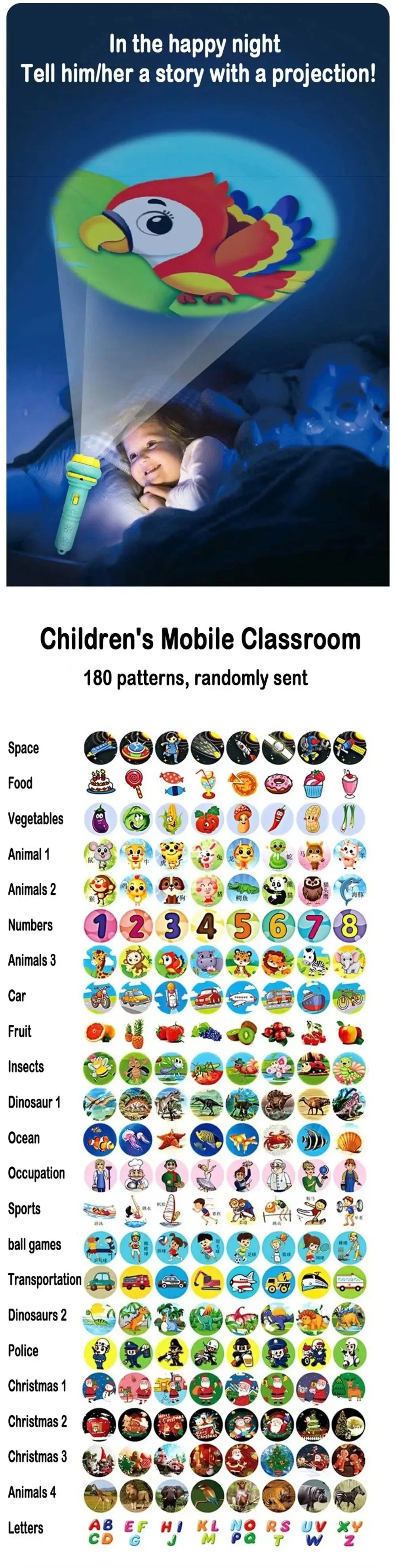 10 Cards Cartoon Projection Flashlight 80 Patterns Creative Children Flashlight Toy Projector Baby Toys Bedtime Story Book Toy ALPENZO