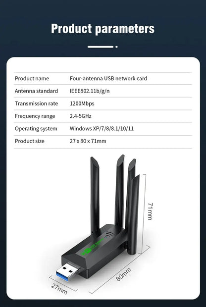 Original 4 Antennas 1200Mbps WiFi USB 3.0 Adapter 2.4G/5GHZ Dual Band WiFi Dongle Wireless Network Card 802.11AX For Win 10/11 - ALPENZO